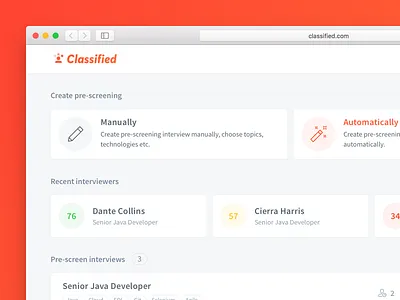 Classified Pre-Screening Application buttons cards classified dashboard orange outline red section tiles users web