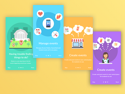 Mobile user onboarding for "Event Discovery App" app colors design flat flat design mobile onboarding tutorial ui