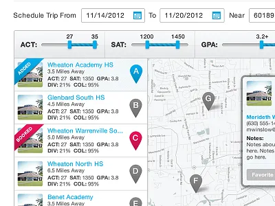 School Recruiter Planning App filter maps schedule slider