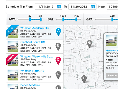School Recruiter Planning App filter maps schedule slider