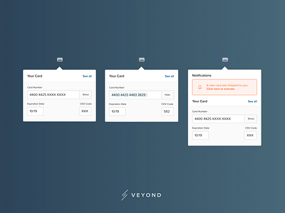 Flyout Design banking business commercial credit card flyouts hide notifications pop ups professional sleek tooltips transaction