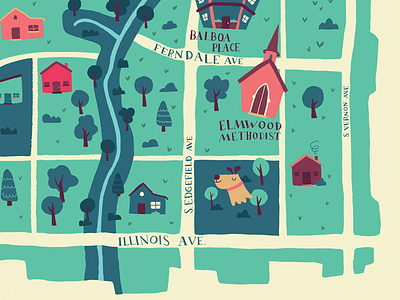 Elmwood church city dallas dog house illustration map trees