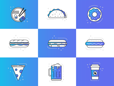 Blurple Food Icons beer coffee food hot dog icons lineart pizza ramen sandwich taco