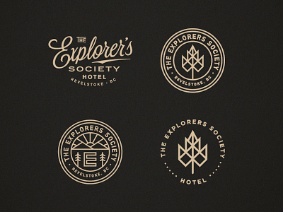 The Explorers Society Hotel badge branding canada hotel leaf lockup logo mountains script seal typography