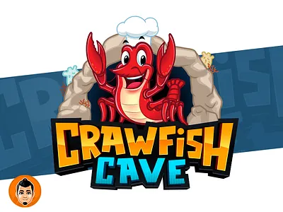 Crawfish Cave Mascot and Logo cave chef crawfish