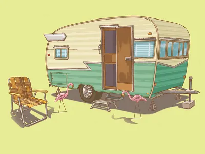 Rufus and Dot caming camper flamingo glamping lawn chair retro