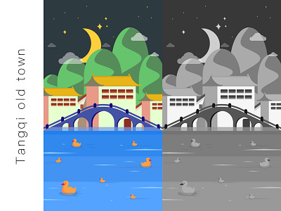 Tangxi app illustration lake old town. town phone zhejiang