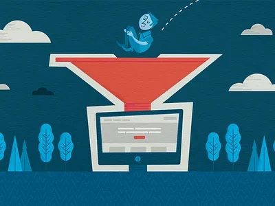 Marketing Funnel article clouds computer desktop funnel illustration jumping marketing retro trees uxui