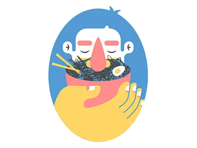 Ramen big hand bowl face girl hand noodles nose ramen