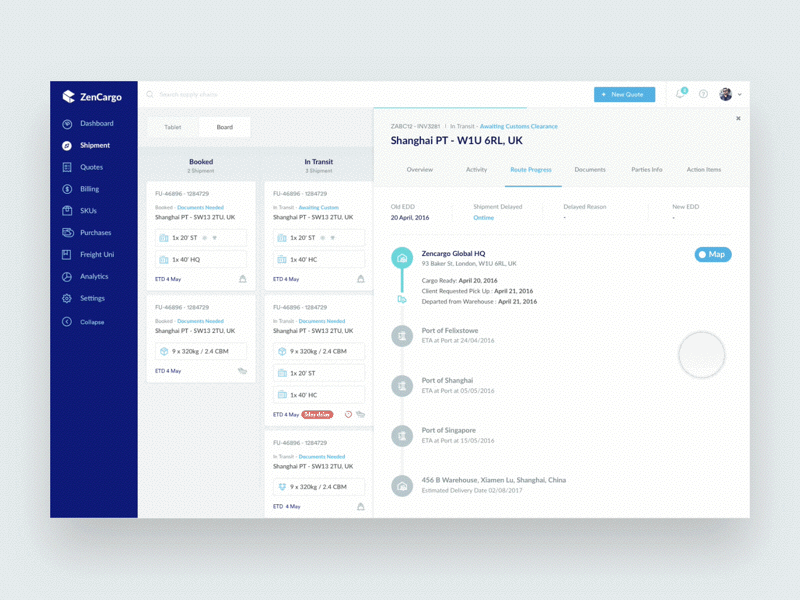 Shipment Details Toggle board dashboard kanban progress shipment shipping slide