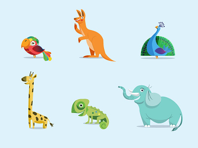 Animals animals cameleon cartoon elephant giraffe illustration kangaroo parrot peacock