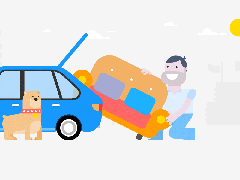 Sofa woes 2d car character design dog flat loading sofa