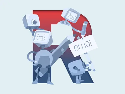 R of Robots & Pencils ampersands blue bot character illustrator pencils red robots typography vector