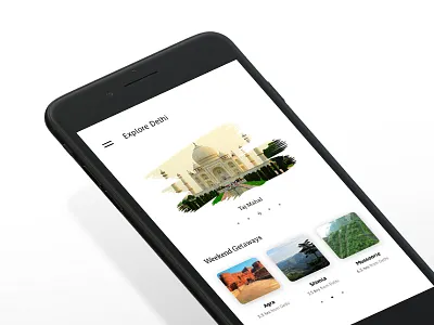 Explore Places : Getaways App Concept app concept delhi getaways india ios iphone minimal shadows taj mahal
