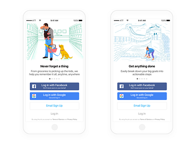 Sign Up screen in Any.do for iOS buttons email facebook google illustration log in sign sign up