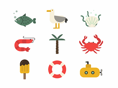 Sea life icons crab fish icecream icon lifebelt ocean palmtree sea seagull sealife shell vector