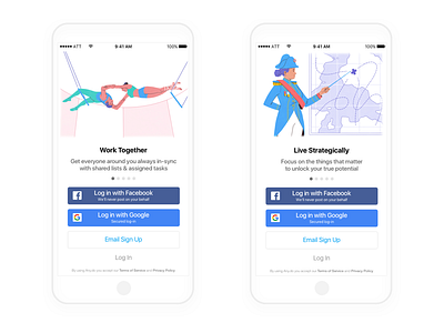 Sign Up screen in Any.do for iOS buttons email facebook google illustration log in on boarding sign sign up