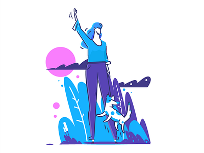 Girl and dog character dog dribbble flat girl hello illustration line nature stroke vector