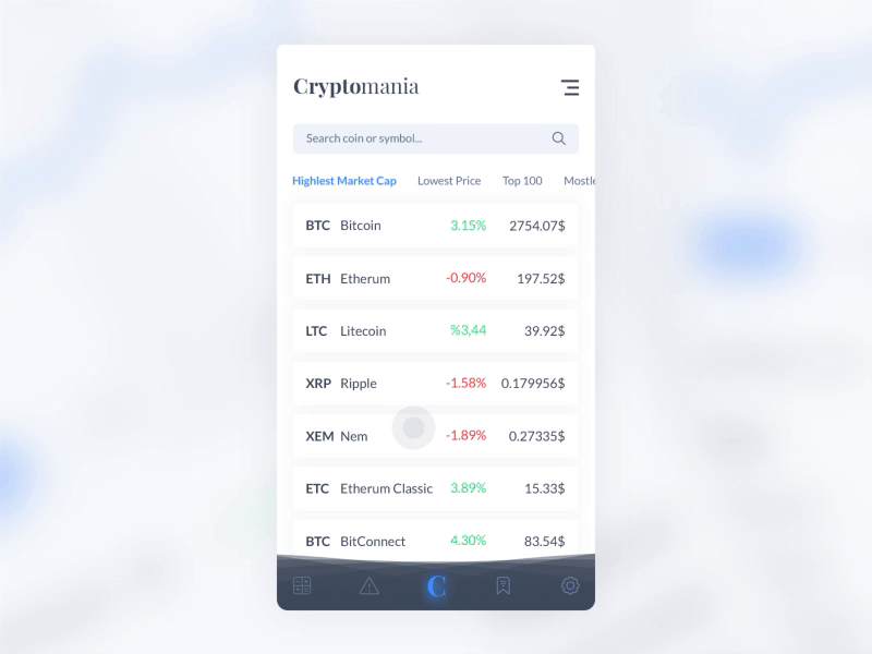 CyrptoMania App action app bitcoin currency gif light list menu