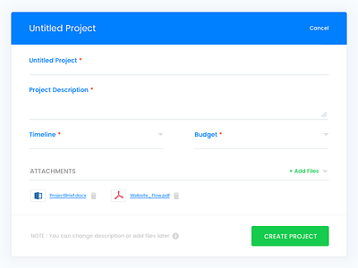 Create project snippet files modal move ui upload ux design widget