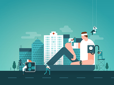 Healthcare editorial illustration doctor editorial grid healthcare illustration patient robot scale