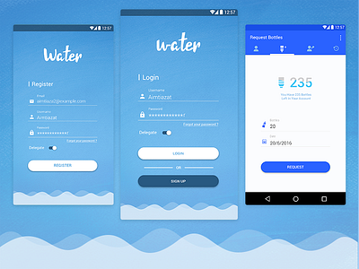 Water Refill Management App app blue bottles design interaction material onboarding splash ui ux water