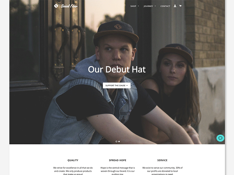 Social Fiber homepage 5 panel hat branding chat feature hats home page logo shopify social fiber social good web design