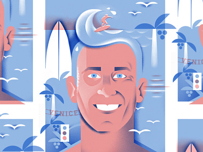 Surf's Up, Brah! beach face grain illustration portrait surfer surfing venice waves