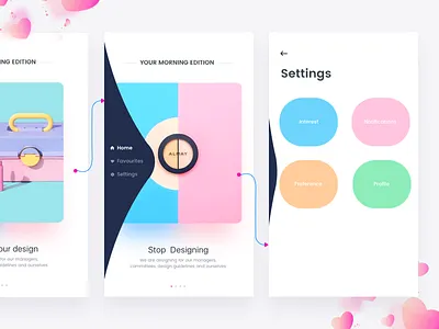 Designers News Interaction app categories colors dribbble elastic fab johnyvino news newsstand swipe ui