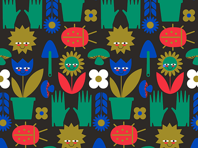 Happy Garden Pattern fabric flowers garden illustrations mushrooms pattern repeat surface design wallpaper