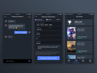 GameAPP black blue chat clean dark game payment profile shine shop sport ui