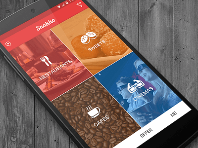 Snakko : Android Home UI android app cafe card cinema home material design mobile app restaurants sweets