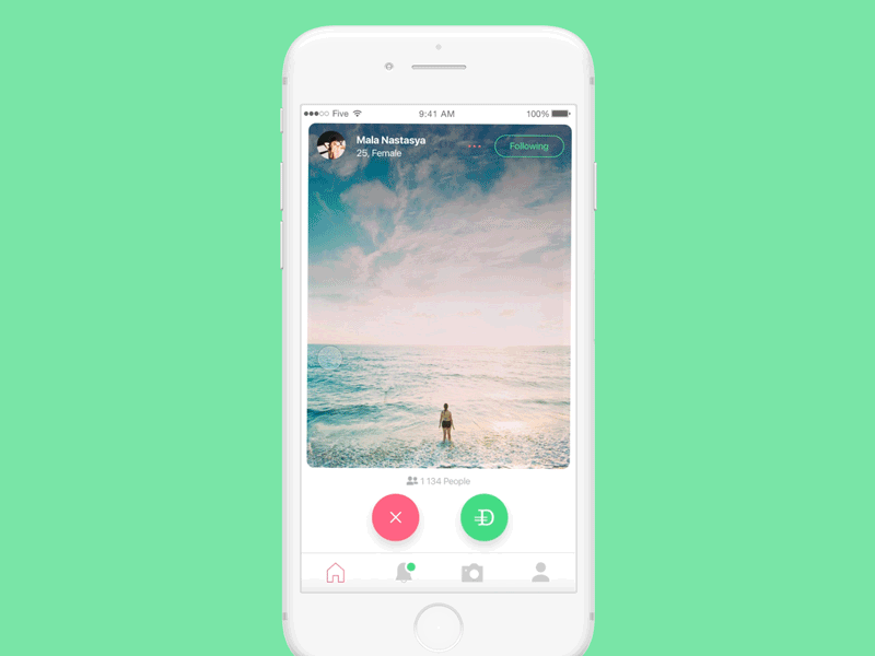 Animation for Dime app app application card design. development dime follow like photo profile react native tinder