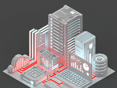 Voxelart clean technological city 3d 8bit city isometric low magicavoxel night poly render server voxel voxelart