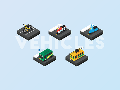 Isometric Illustration - Sushi bike bus car monorail motor motorcycle mrt scooter