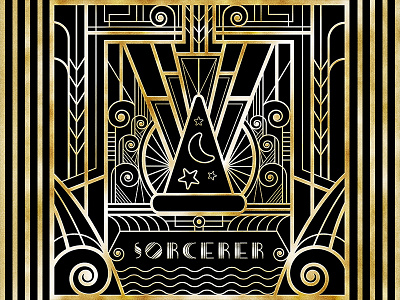 Art Deco Sorcerer Design art deco disney fantasia gatsby gold hat linework mickey mouse shiny sorcerer