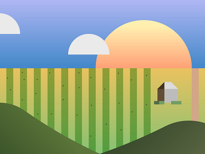 Country side clouds farm geometric gradients hills illustration simple sun