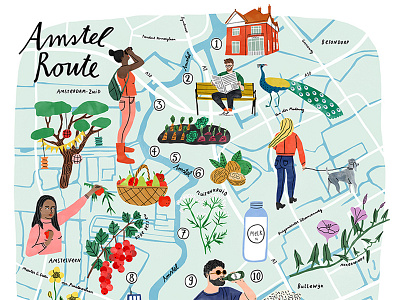 Het Parool botanical characters digital flower illustration map plants river watercolour