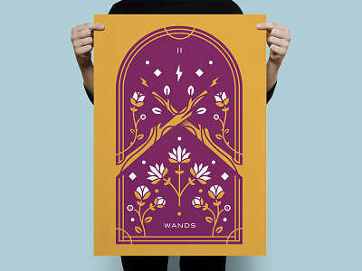 Tarot Series 5: Two of Wands botanical flower illustration monoline occult poster screenprint symmetry tarot two wand wands