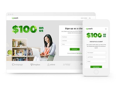 Landing page for "$100 on us" campaign $100 campaign credit deal landing page money pattern price responsive savings typography