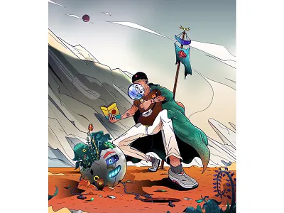 The Explorer comic explorer flag illustration linework orb plants retro scavenger style