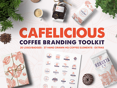 Cafelicious - Coffee Branding Kit badge brand branding cafe coffee handdrawn kaffee kahvi logo logo bundle logo kit vintage