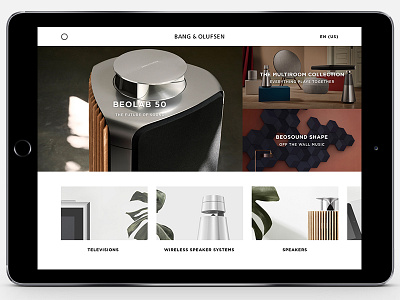 B&O iPad app proposal app bang and olufsen home page ipad layout menu music products sketch speaker technology tiles