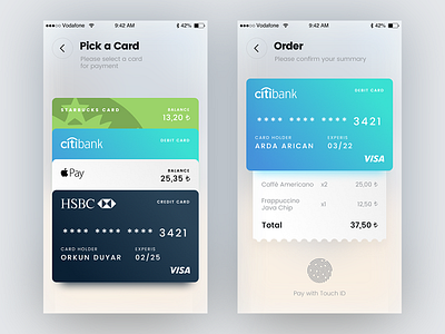 Select Payment Method bank card ios mobile payment starbucks touch id ui ux