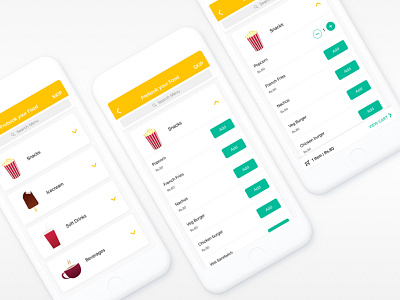 Food menu - Movie booking app add item app cart debut shot illustration menu movie snacks ui
