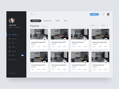 Rentio - Properties Dark Version app clean dashboard data art desktop app material minimal search style ui ux web