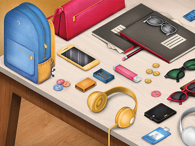 Oxford University Press bag book desk desktop digital painting glasses headphones illustration office stationary texture vector