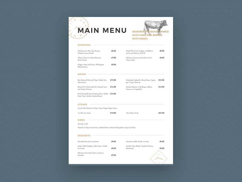 Monadh Kitchen - Full Menu Designs branding clean design glasgow graphic design icon kitchen logo menu minimal print restaurant scotland