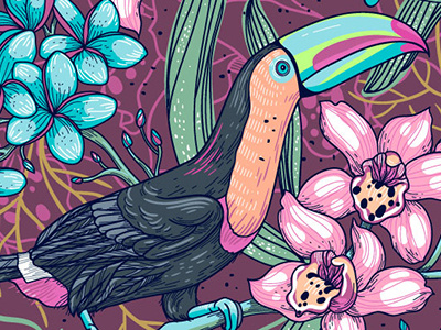 Toucan in blooming orchids botany illustration illustration vector vector pattern
