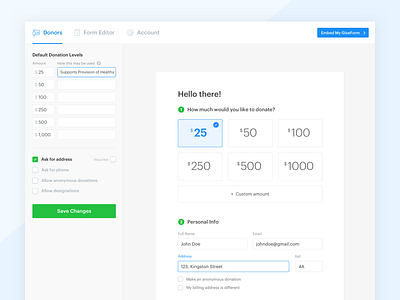 Donor Admin amounts donation form menu nav product ui ux